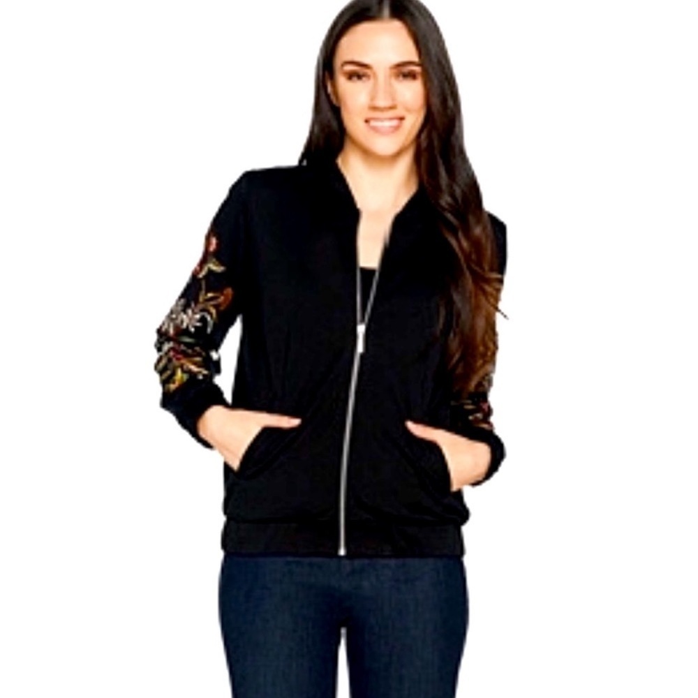 Du Jour Black Floral Embroidered Sleeve Zip Up Bomber Jacket M